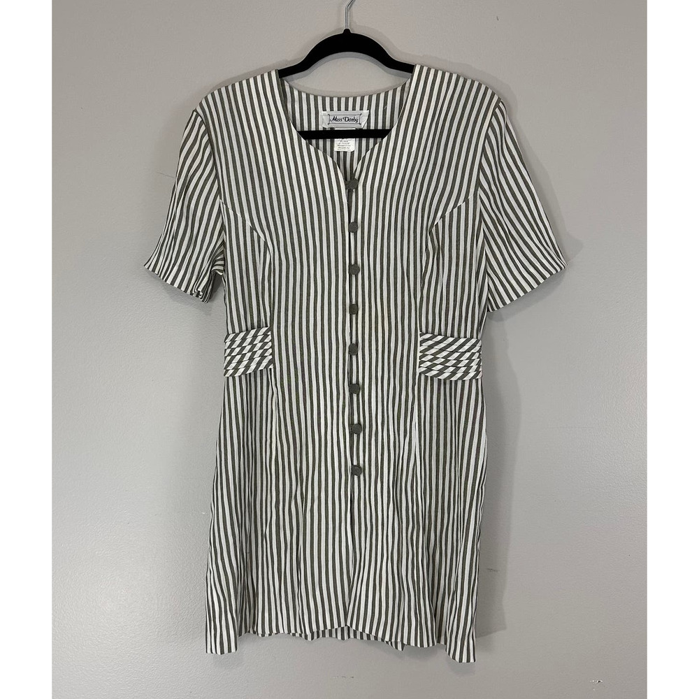 Miss Dorby Vintage Green White Striped Button Front Layered Dress Sz 12
